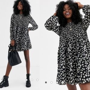 ASOS black daisy babydoll long sleeve dress Small